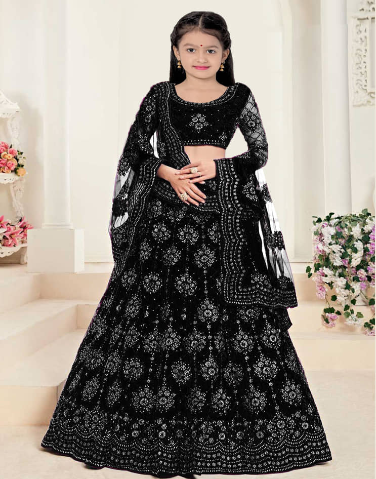 Keyura Net Lehenga Choli Set For Girls ( Pack of 1 , Black )