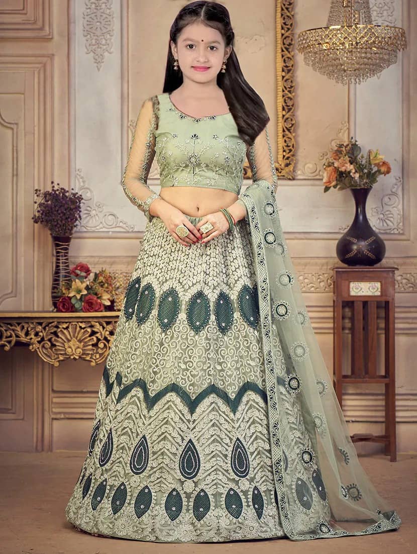 Keyura Net Lehenga Choli Set For Girls ( Pack of 1 , Apple Green )