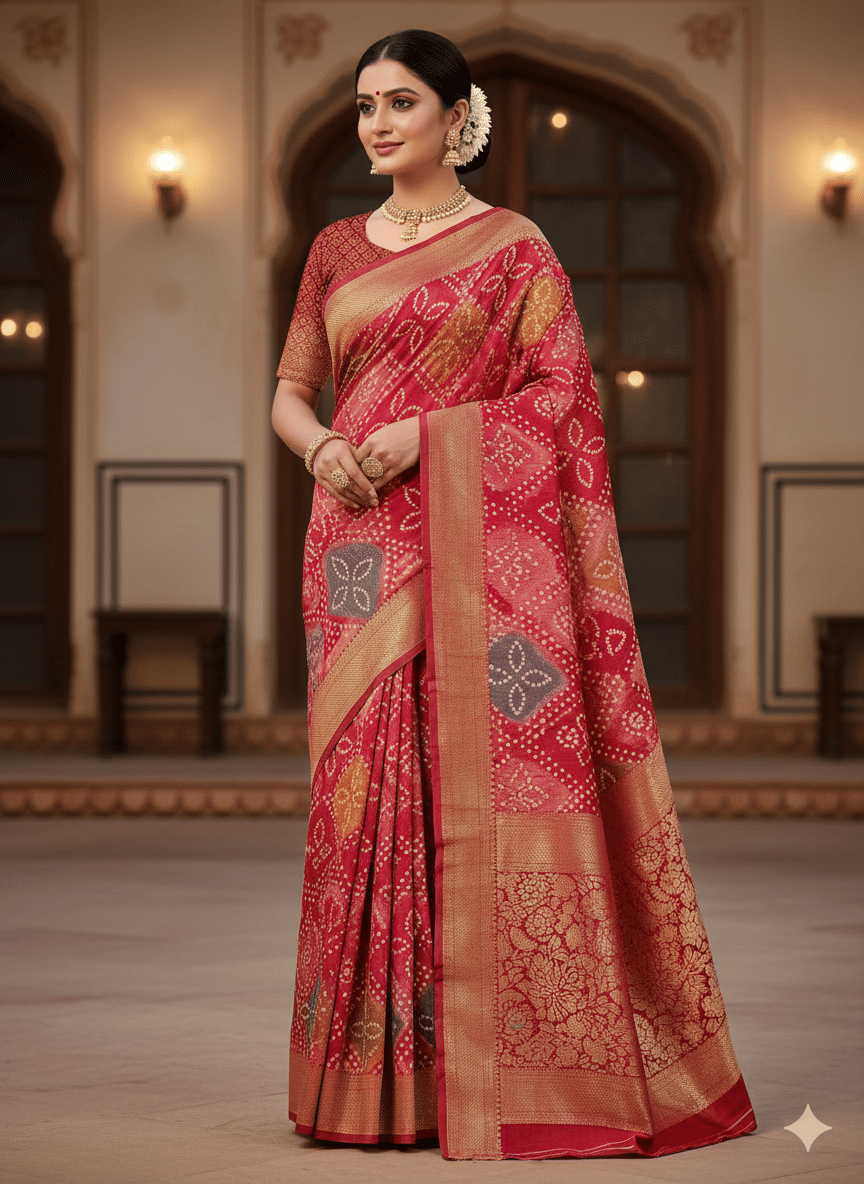 Sitanjali Lifestyle Silk Blend Printed Bandhani Sarees With Unstitched Blouse Piece ( Red ) - Sarees | Buy online on ZillyBuy