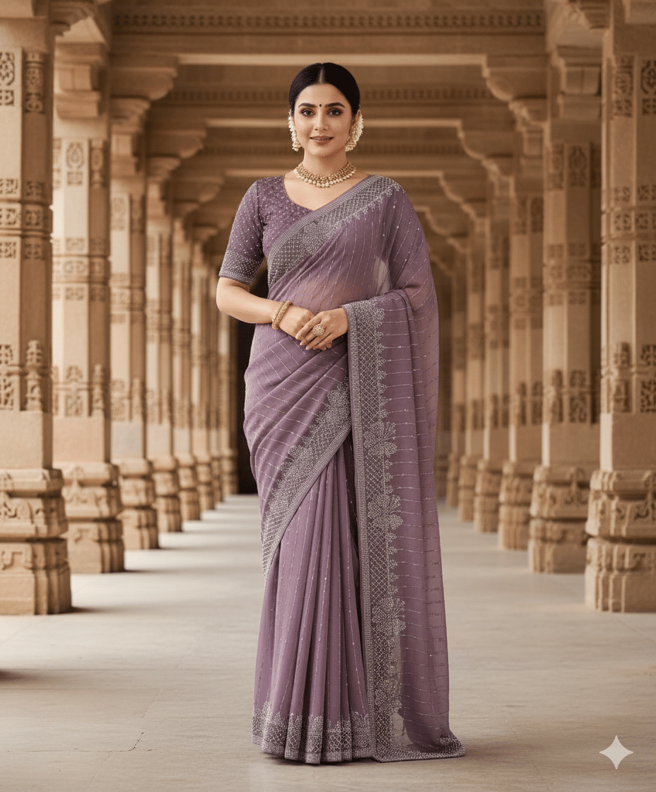 sanwariya Georgette Printed Banarasi saree With Unstitched Blouse Piece ( Lavender ) - Sarees | Buy online on ZillyBuy