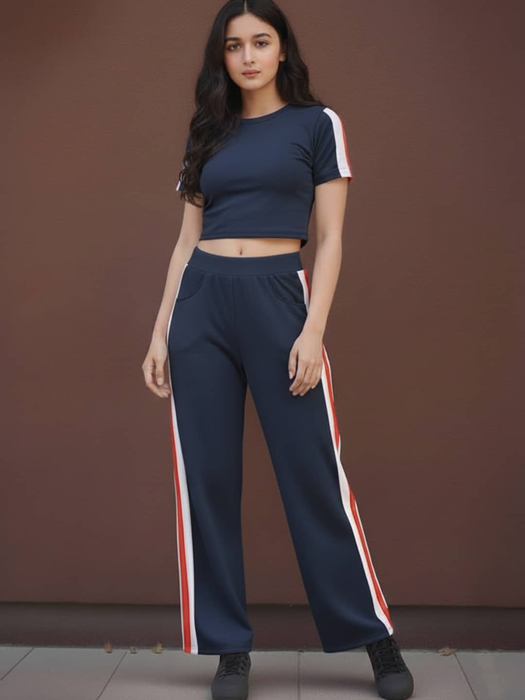 DTR FASHION Women Striped T-Shirt With Trousers Co-Ord Set ( Black )