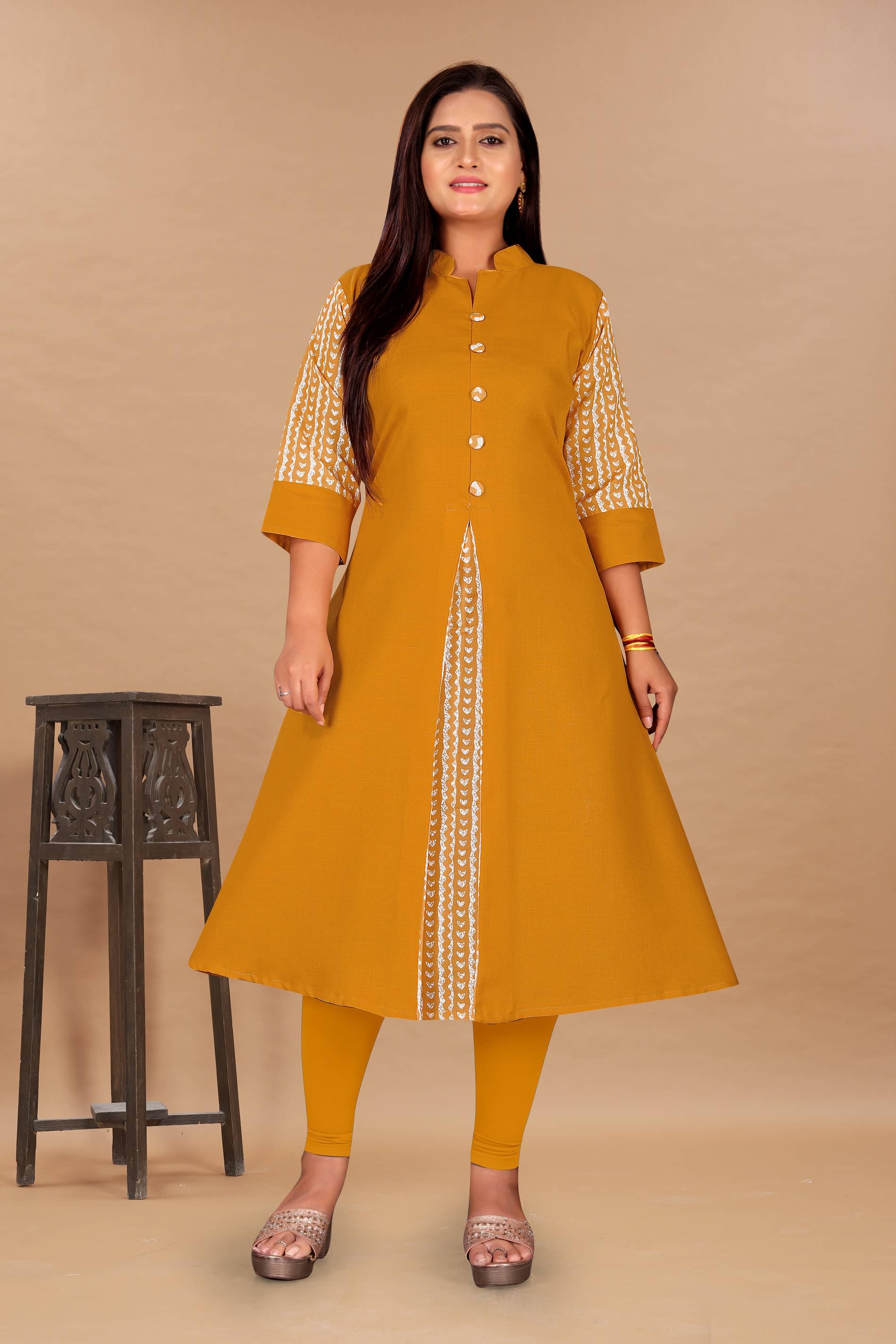 Hetsa Women Cotton Blend Printed Anarkali Kurti ( Mustard ) - Kurtis, Tunics | Buy online on ZillyBuy