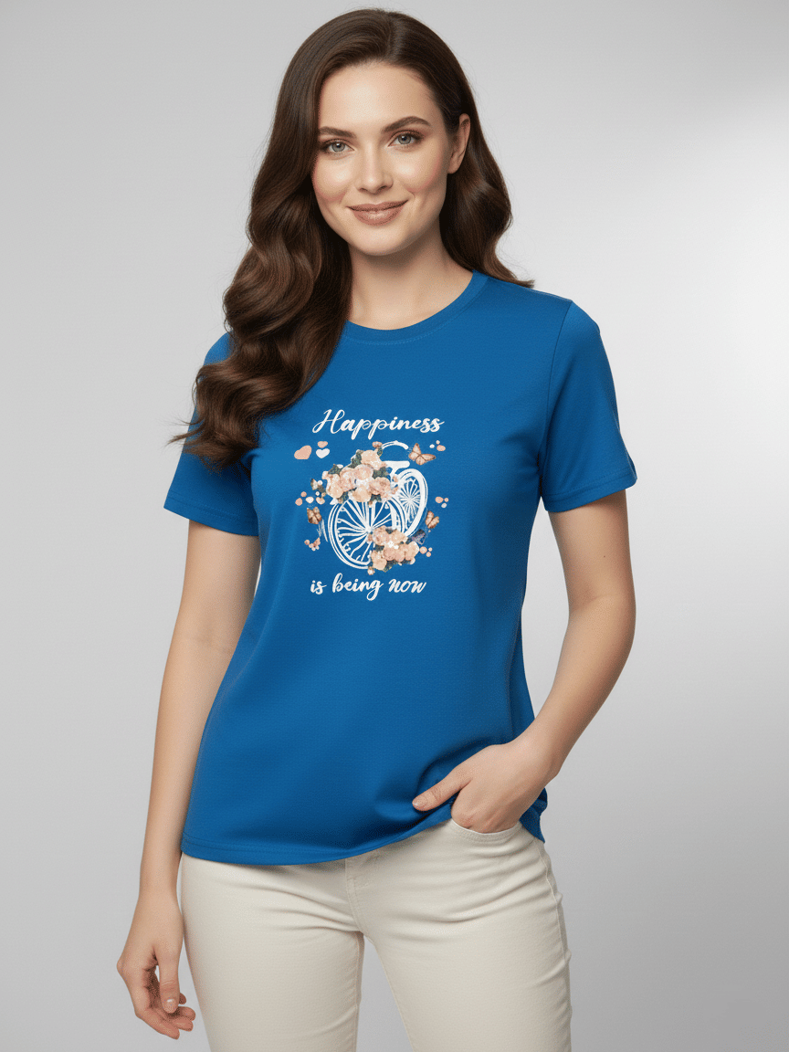 MISDYNAMIC Women Cotton Blend Printed Regular Fit Round Neck T-Shirt ( Blue )