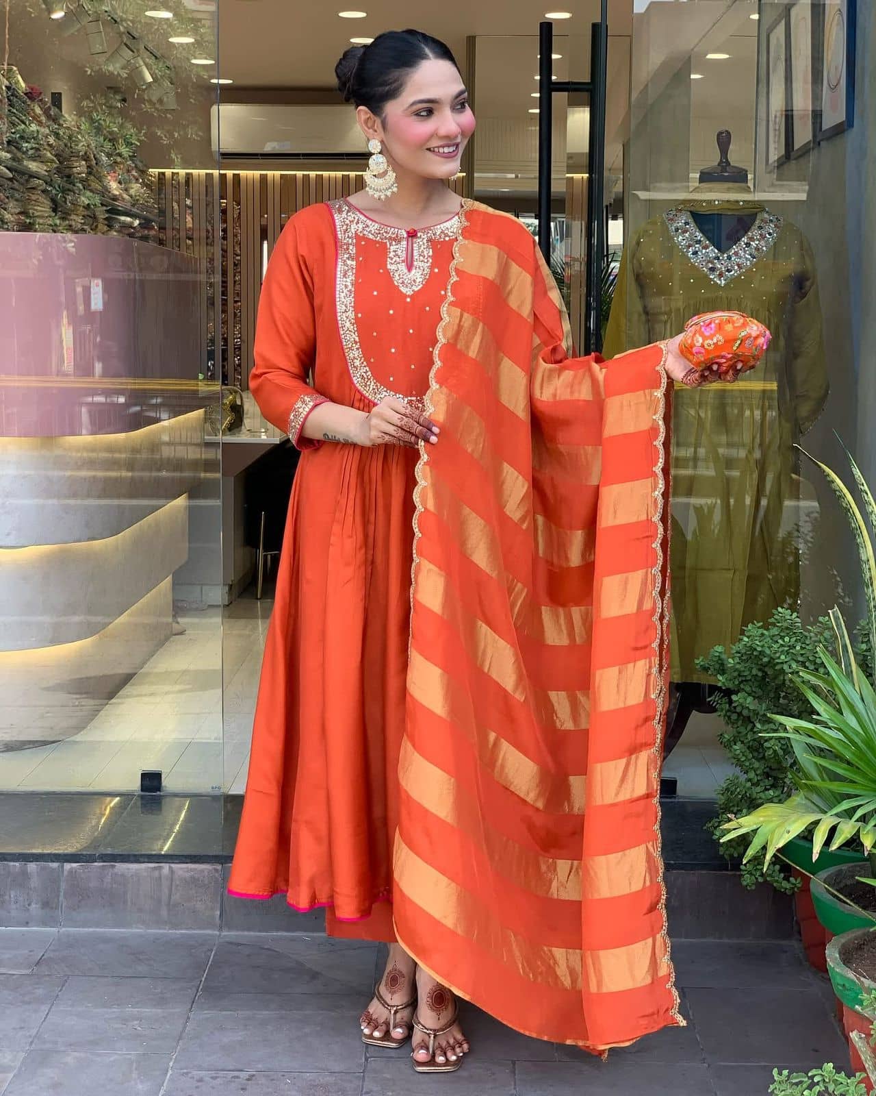 Mahek Fashion Women Chanderi Embroidered Anarkali Kurti With Pants ( Orange )