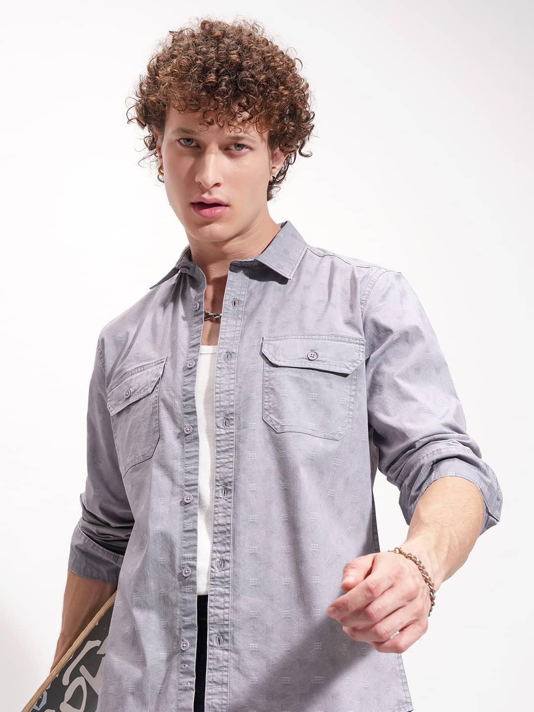 Highlander Poly Cotton Oversized Fit Self Design Full Sleeves Men's Casual Shirt - Grey ( Pack of 1 )