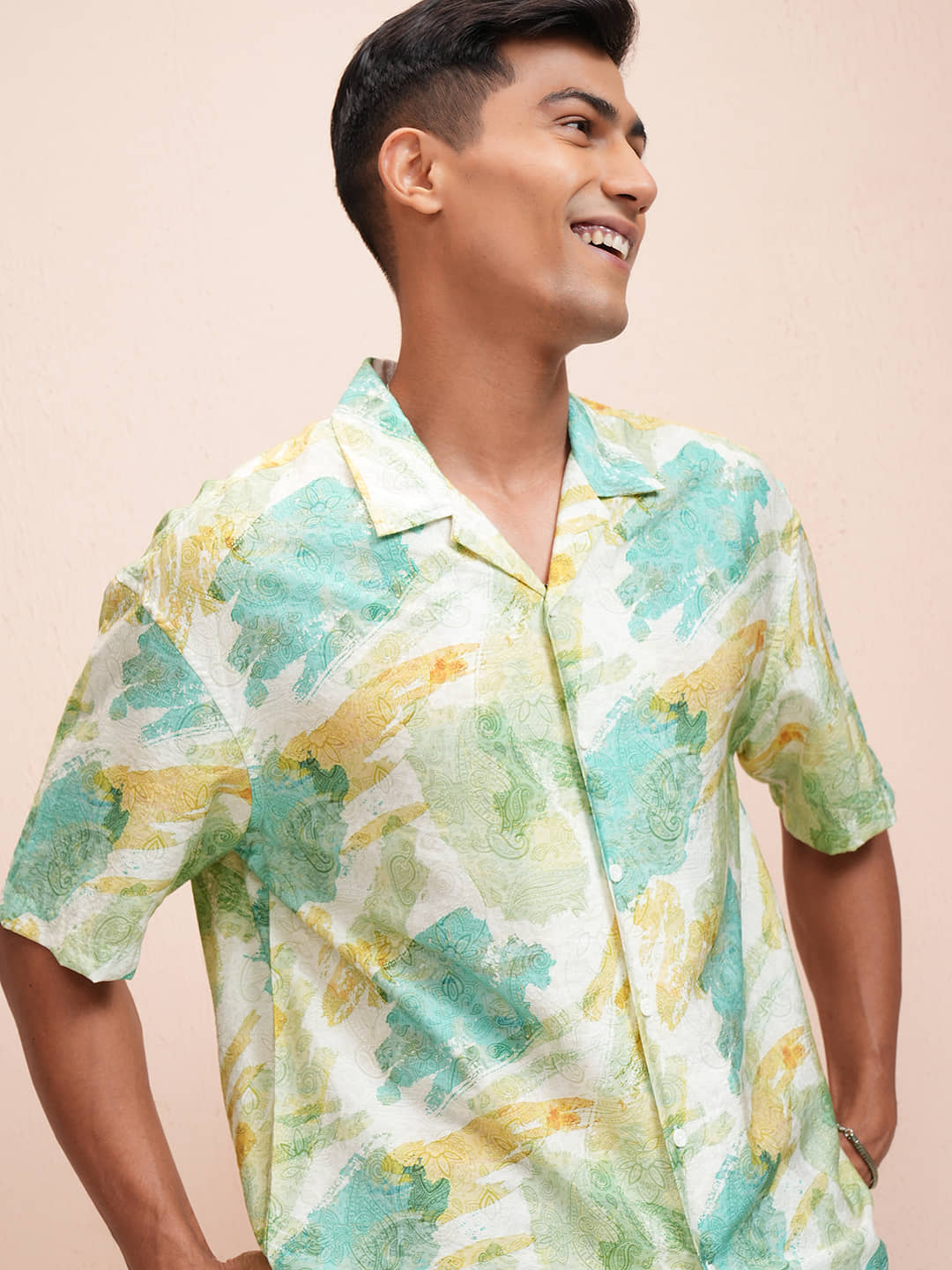 Locomotive Viscose Oversized Fit Printed Half Sleeves Cuban Collar Men's Casual Shirt - Yellow ( Pack of 1 )