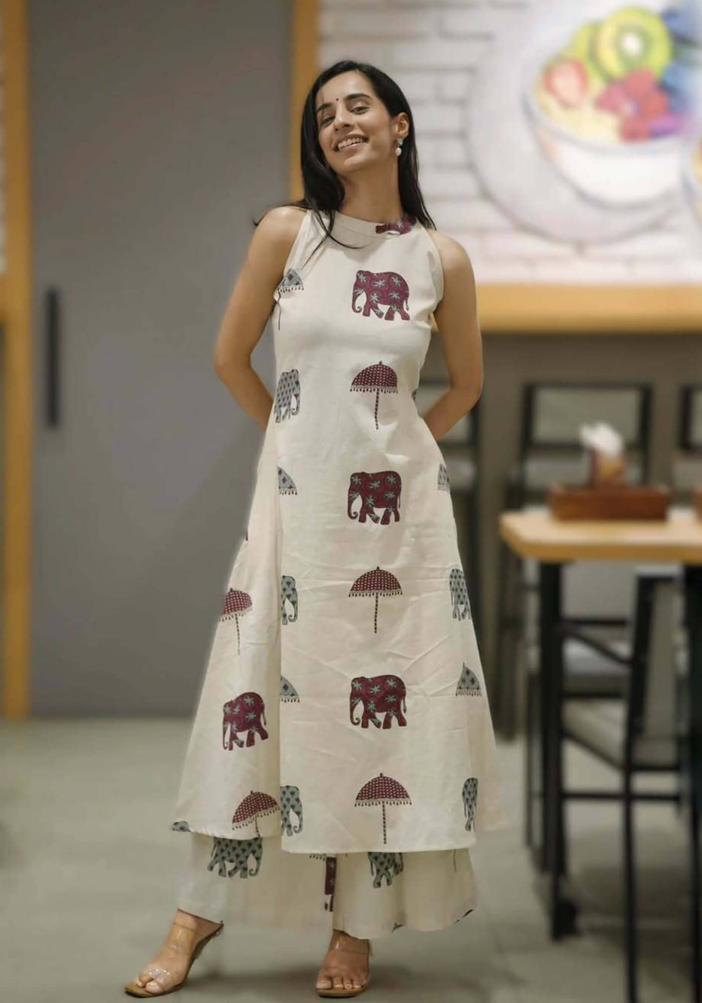 Nirja Fab Women Cotton Blend Printed A-line Kurti With Palazzo ( Off White )
