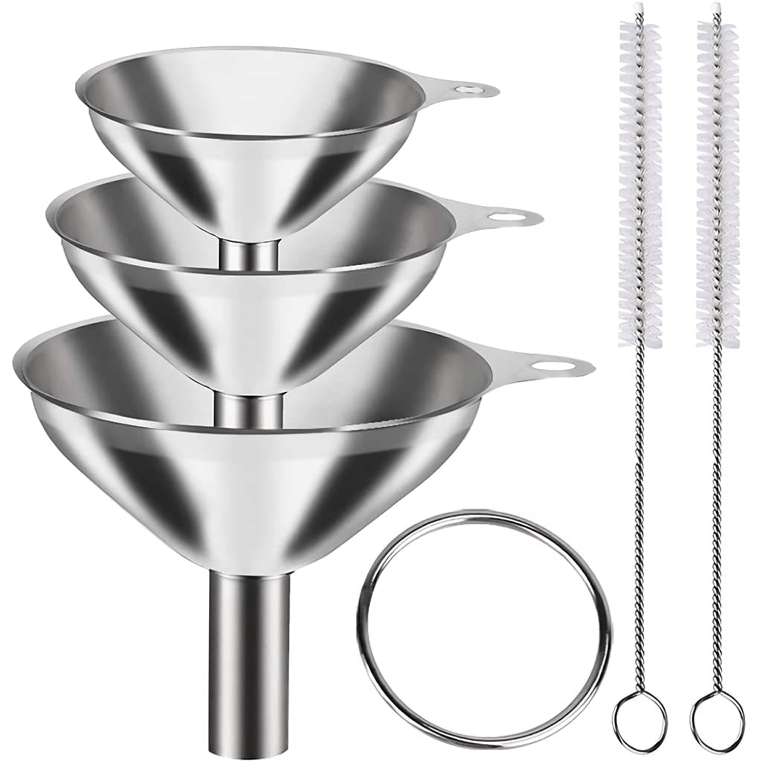 Stainless Steel Funnel Set with Multiple Sizes and Cleaning Brushes for Kitchen and Home Use