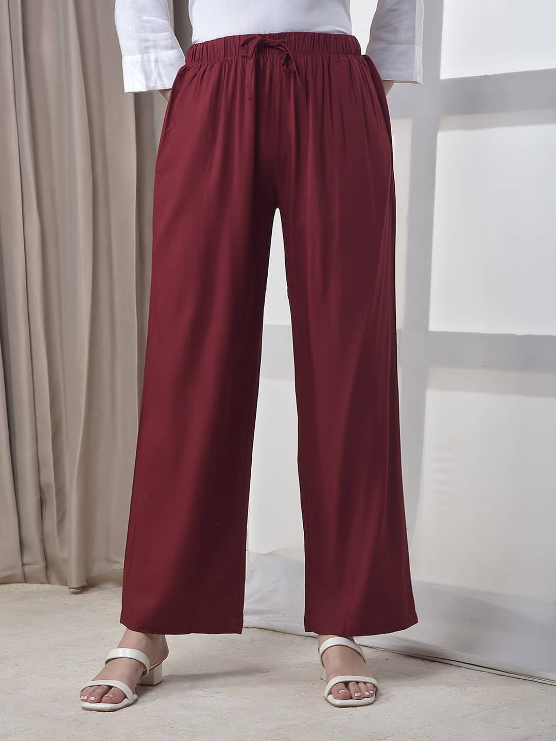 Dollar Missy Women Rayon Solid Palazzos ( Maroon )