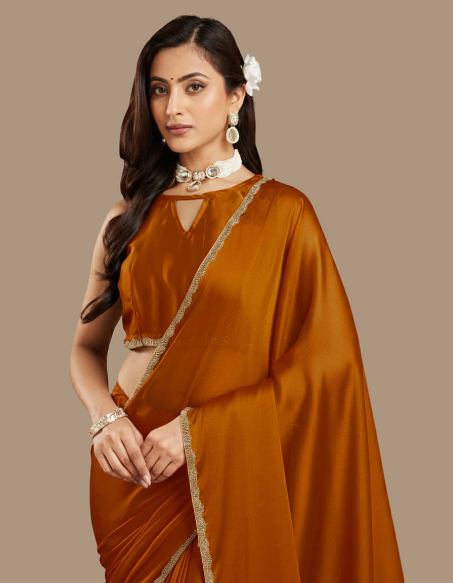 Indy Bliss Art Silk Solid Regular Saree With Unstitched Blouse Piece ( Orange ) - Sarees | Buy online on ZillyBuy