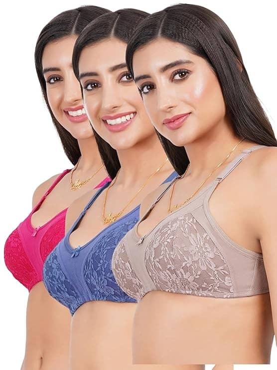 LEORBIX Pack of 3 Cotton Blend Non Padded Everyday Bra For Women ( Multicolor 3 )