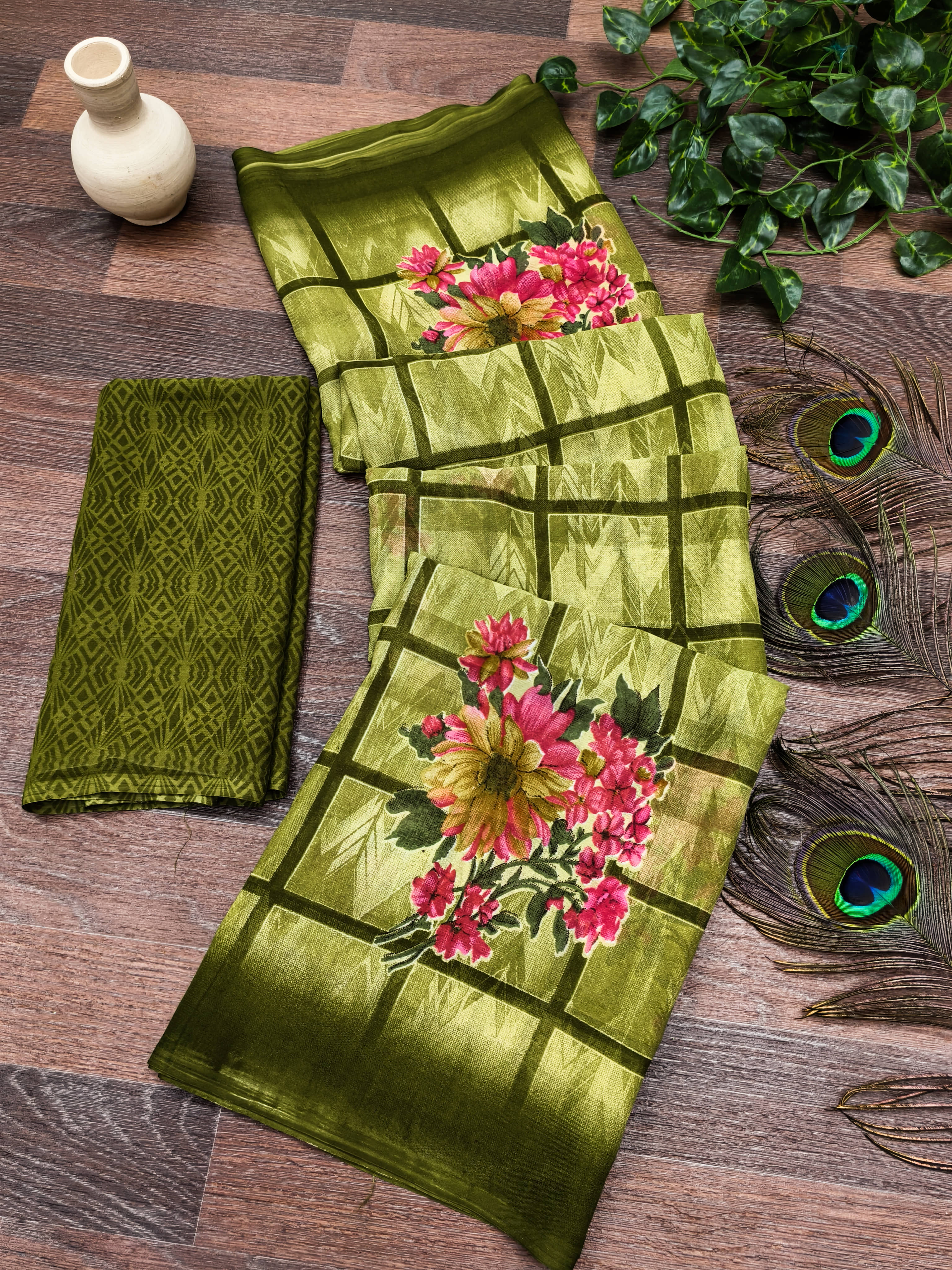 ANAND SAREES Georgette Printed Regular Saree With Unstitched Blouse Piece ( Green ) - Sarees | Buy online on ZillyBuy