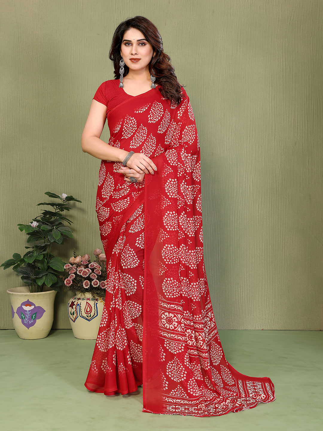 ANAND SAREES Georgette Printed Regular Saree With Unstitched Blouse Piece ( Red ) - Sarees | Buy online on ZillyBuy