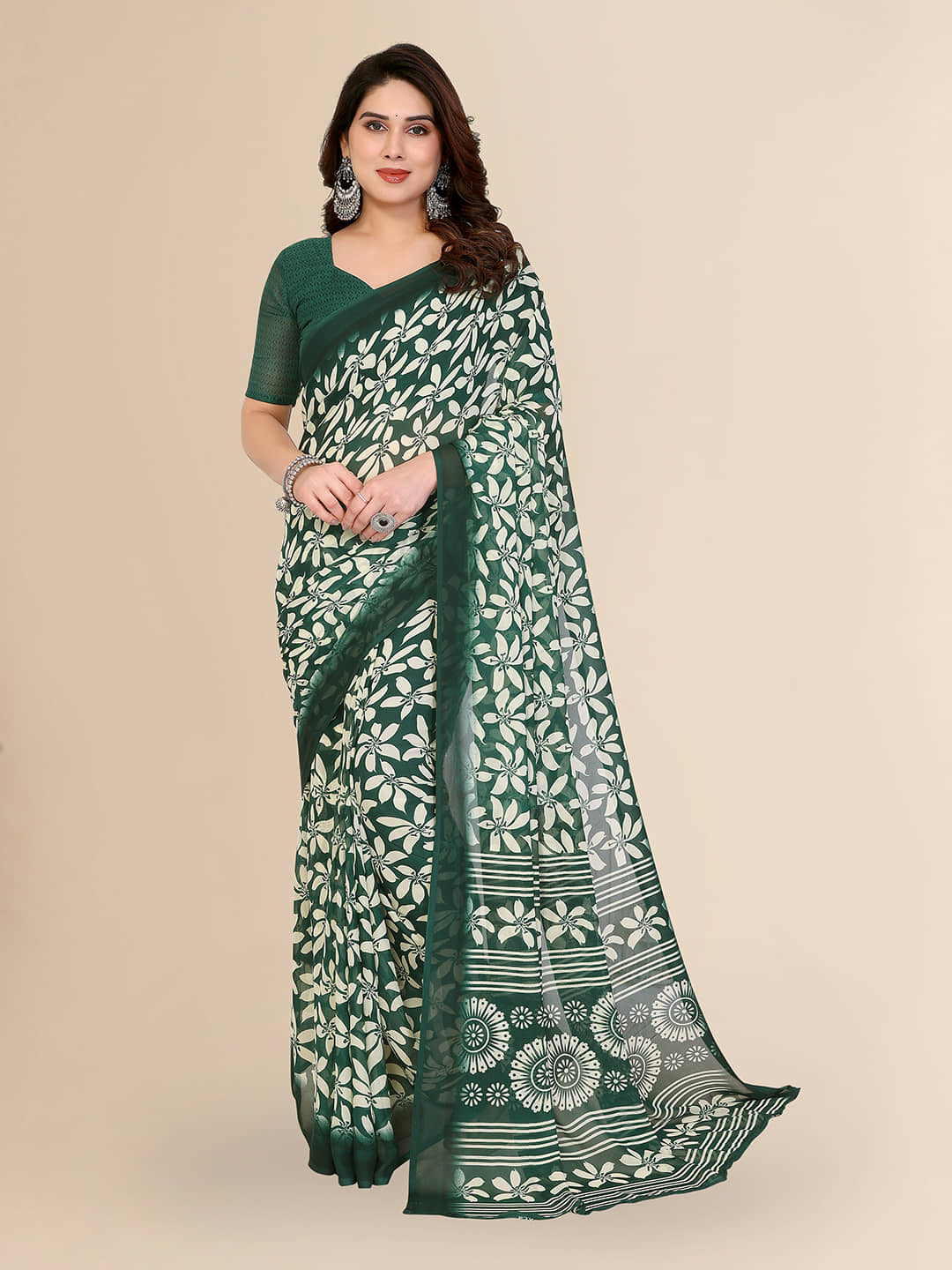 ANAND SAREES Georgette Printed Regular Saree With Unstitched Blouse Piece ( Green ) - Sarees | Buy online on ZillyBuy