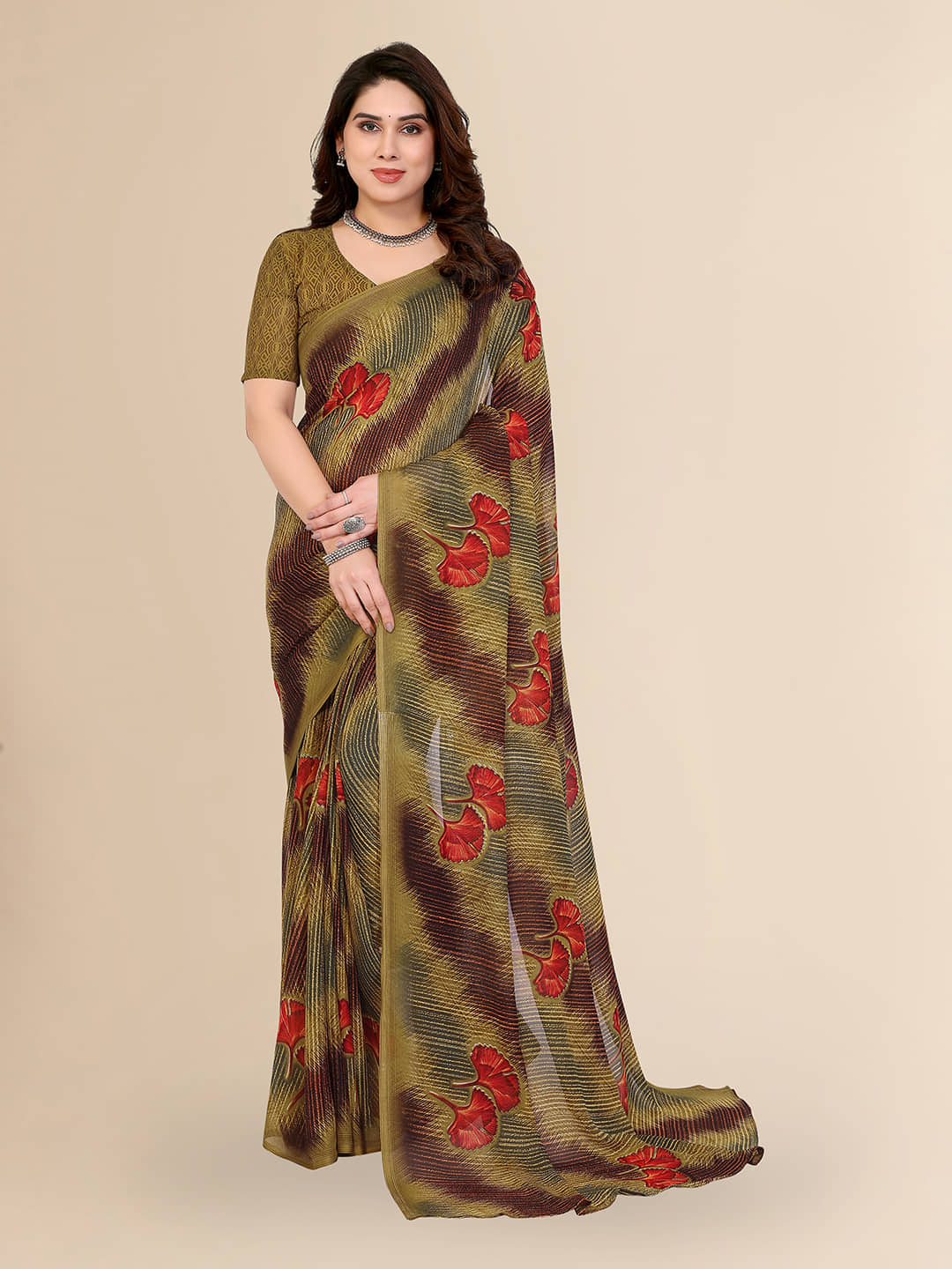 ANAND SAREES Georgette Printed Regular Saree With Unstitched Blouse Piece ( Grey ) - Sarees | Buy online on ZillyBuy