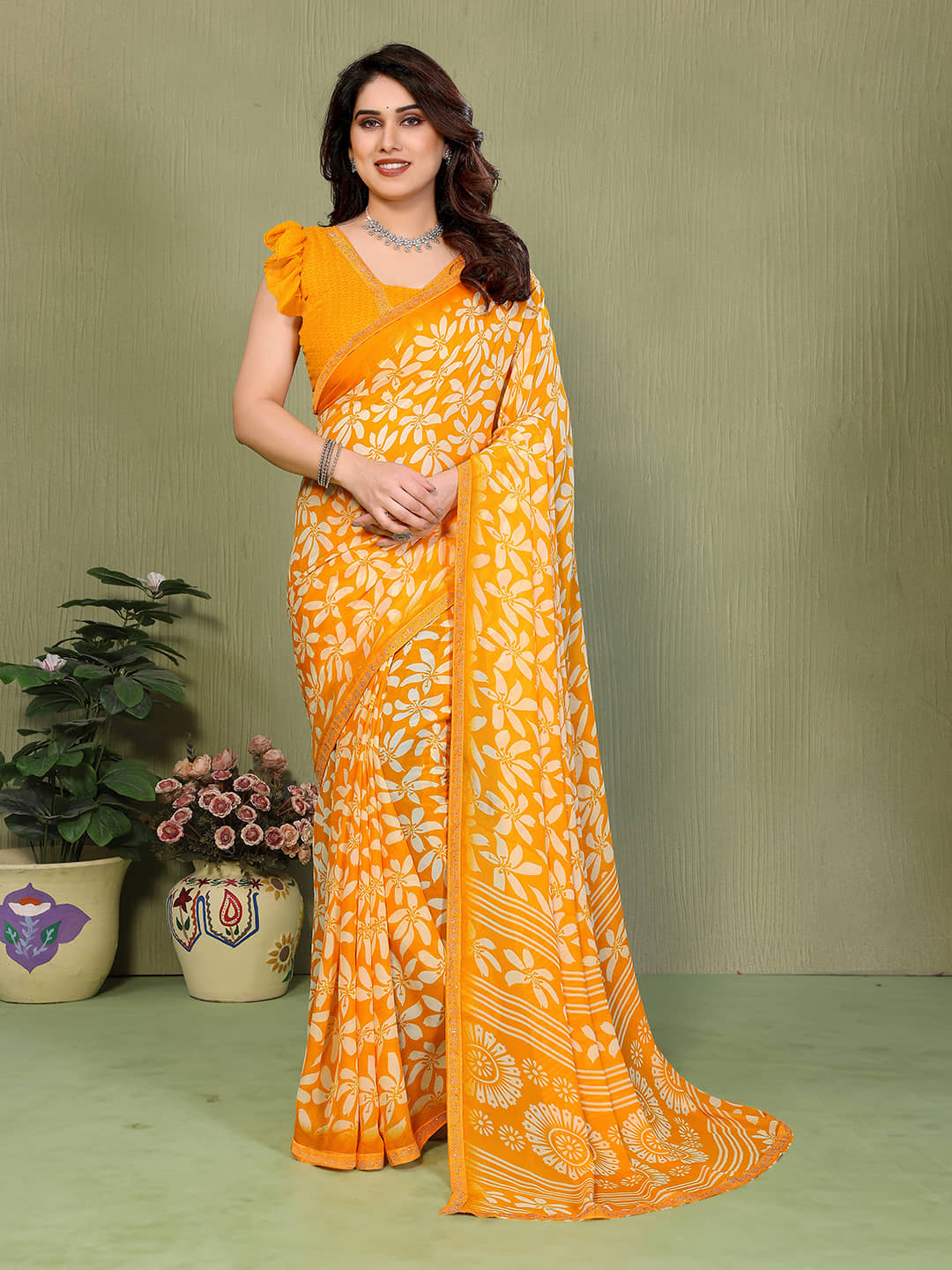 ANAND SAREES Georgette Printed Regular Saree With Unstitched Blouse Piece ( Yellow )