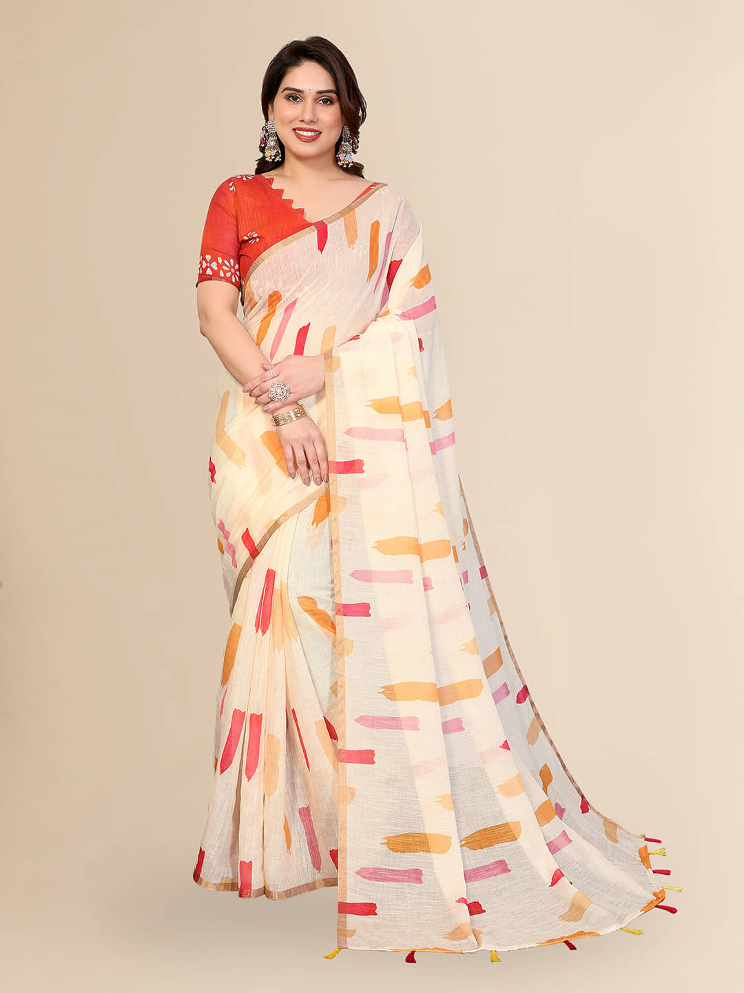 ANAND SAREES Linen Printed Regular Saree With Unstitched Blouse Piece ( White ) - Sarees | Buy online on ZillyBuy