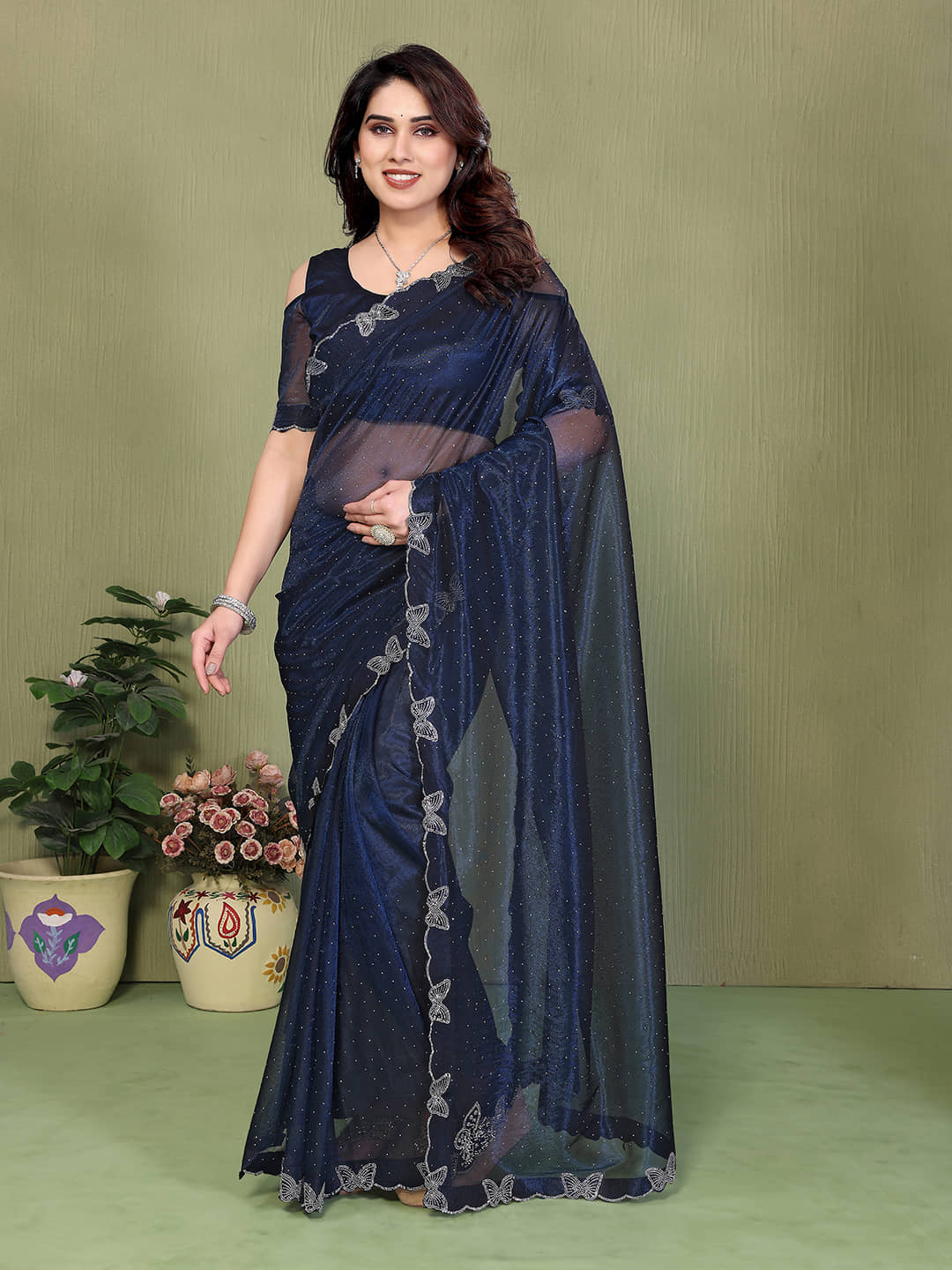 ANAND SAREES Net Solid Regular Saree With Unstitched Blouse Piece ( Blue ) - Sarees | Buy online on ZillyBuy