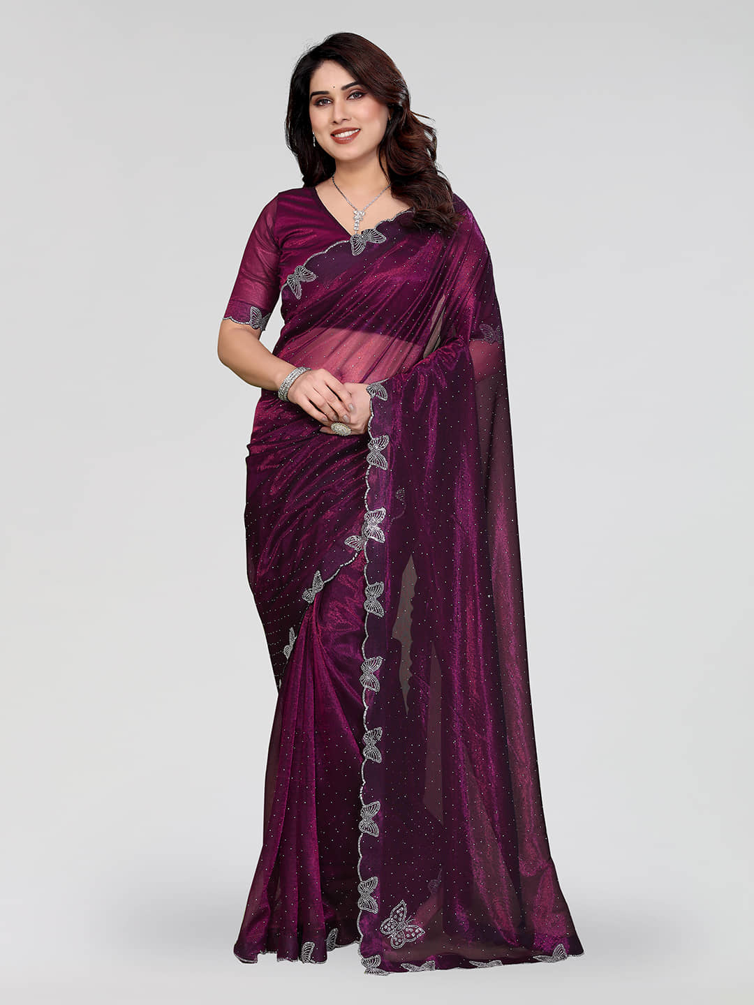 ANAND SAREES Net Solid Regular Saree With Unstitched Blouse Piece ( Pink ) - Sarees | Buy online on ZillyBuy