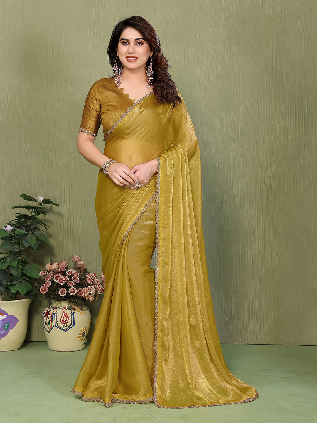 ANAND SAREES Tissue Solid Regular Saree With Unstitched Blouse Piece ( Yellow ) - Sarees | Buy online on ZillyBuy