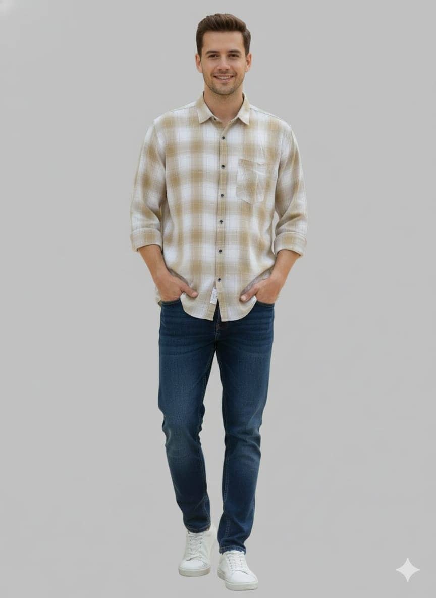 MOUDLIN Cotton Blend Slim Fit Checks Full Sleeves Men's Casual Shirt - Cream ( Pack of 1 )