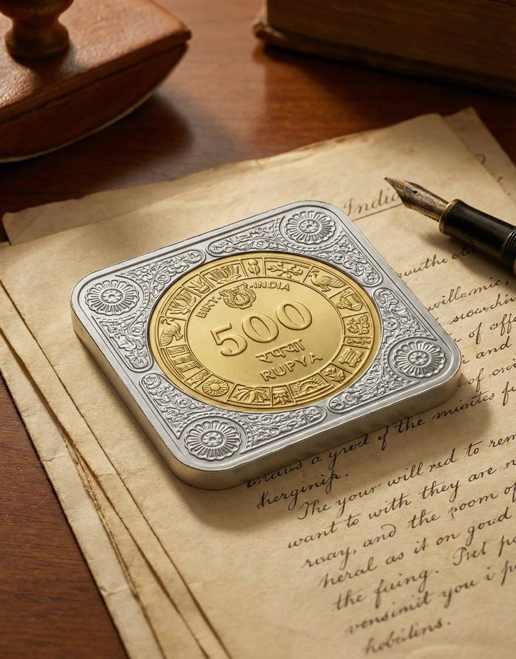 Premium Gold & Silver Plated 500 Rupya Coin Bar Showpiece | Square Collectible Paperweight | Decorative Desk & Home decor Gift 55gm