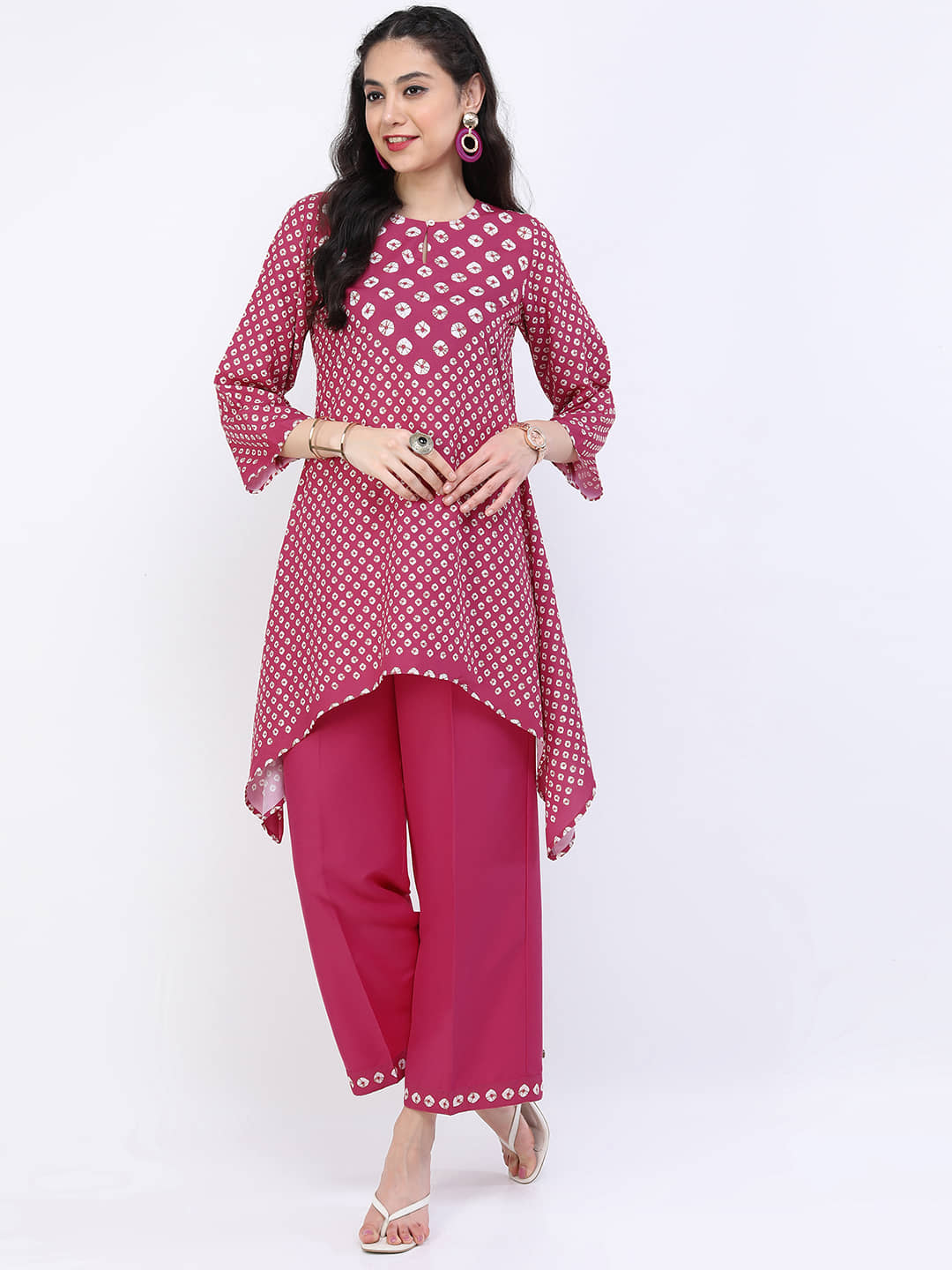 Vishudh Women Viscose Printed A-line Kurti With Pants ( Pink )