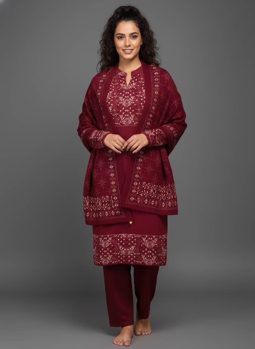 WOOL'S KART Women Woollen Embroidered A-line Kurti With Palazzo ( Red )