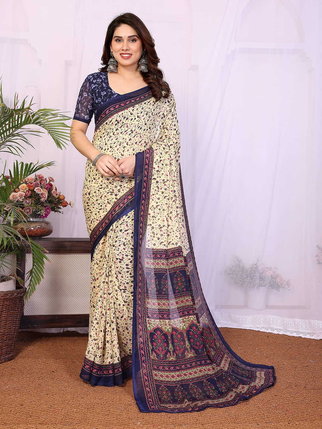 Kashvi Sarees Georgette Printed Regular Saree With Unstitched Blouse Piece ( Blue ) - Sarees | Buy online on ZillyBuy