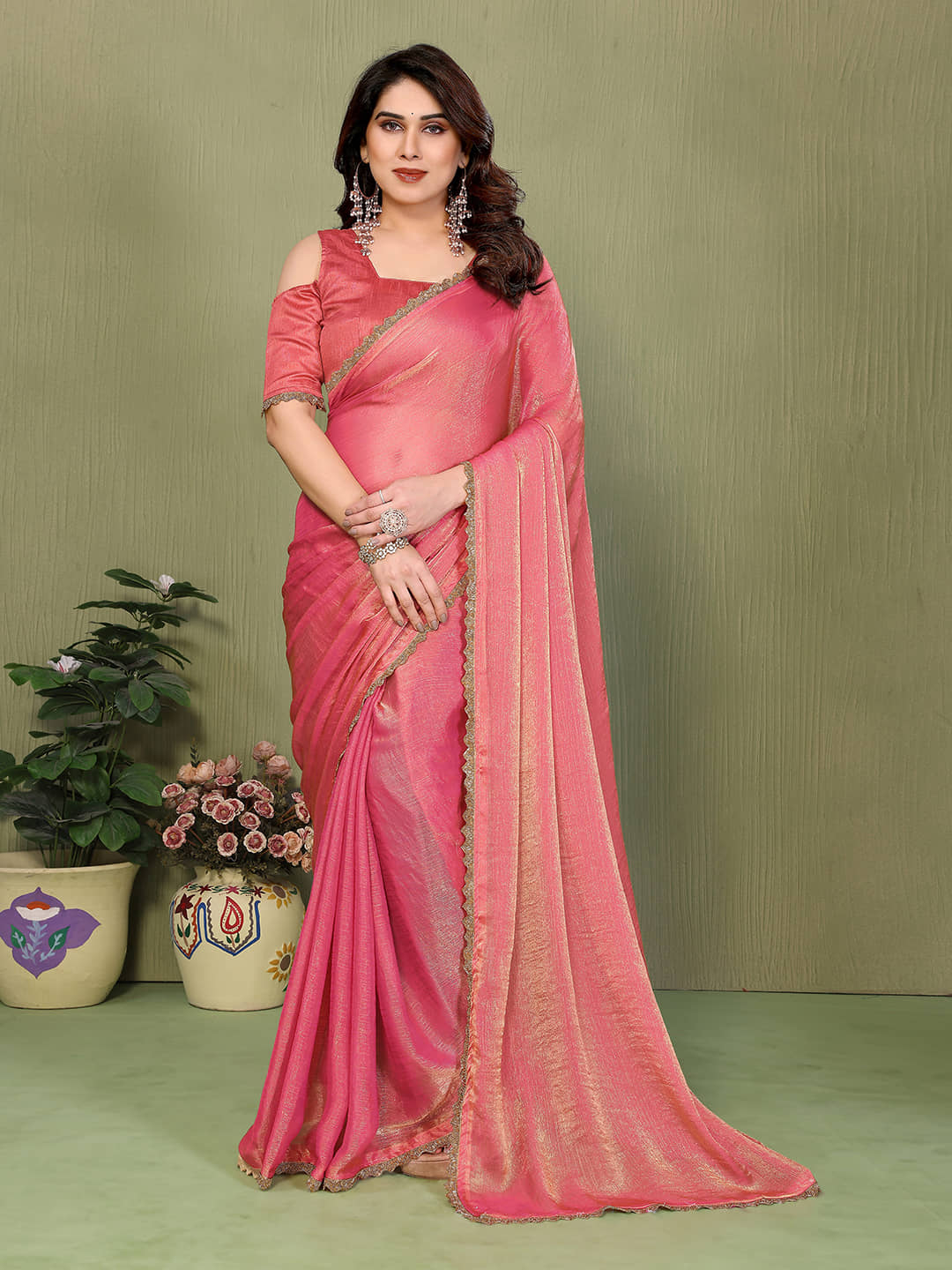 Kashvi Sarees Tissue Solid Regular Saree With Unstitched Blouse Piece ( Pink ) - Sarees | Buy online on ZillyBuy