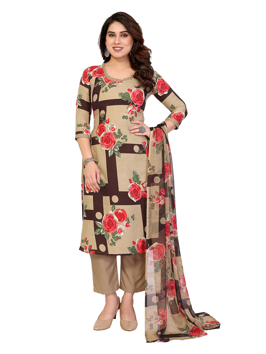 Kashvi Women Crepe Unstitched Dress Material ( Cream ) - Unstitched Fabrics | Buy online on ZillyBuy