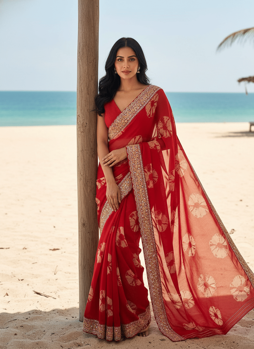 Nil Madhav Art Georgette Embroidered Regular Saree With Unstitched Blouse Piece ( Red ) - Sarees | Buy online on ZillyBuy