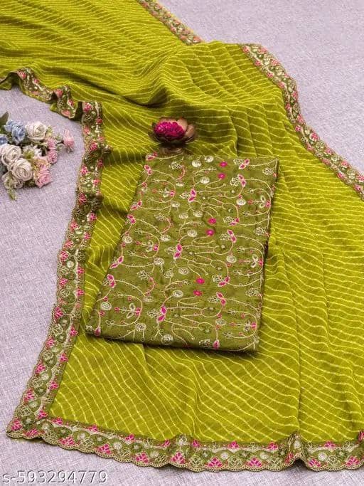 Nil Madhav Art Georgette Embroidered Regular Saree With Unstitched Blouse Piece ( Green ) - Sarees | Buy online on ZillyBuy