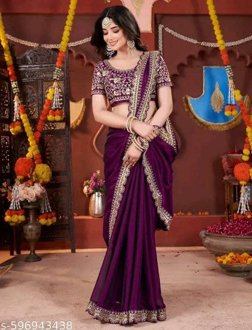 Nil Madhav Art Silk Blend Embroidered Regular Saree With Unstitched Blouse Piece ( Wine ) - Sarees | Buy online on ZillyBuy