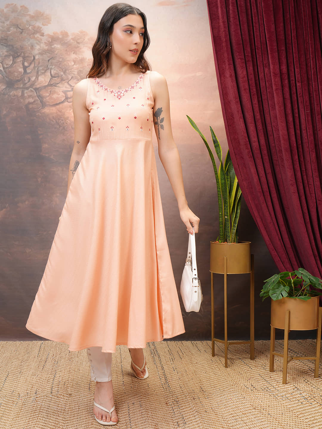 Vishudh Women Cotton Blend Embroidered Straight Kurti ( Peach ) - Kurtis, Tunics | Buy online on ZillyBuy