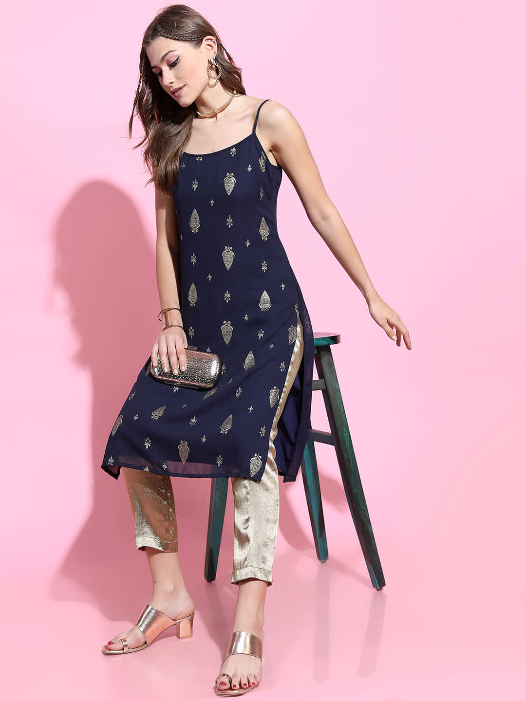 Vishudh Women Georgette Printed Straight Kurti ( Navy ) - Kurtis, Tunics | Buy online on ZillyBuy