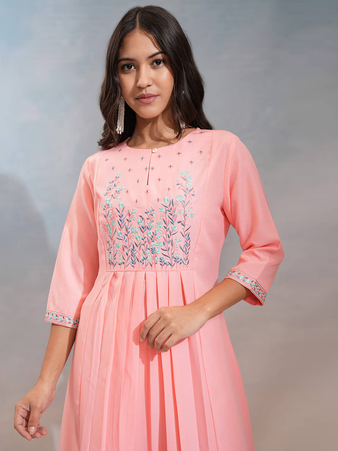 Vishudh Women Polyester Embroidered A-line Kurti ( Peach ) - Kurtis, Tunics | Buy online on ZillyBuy