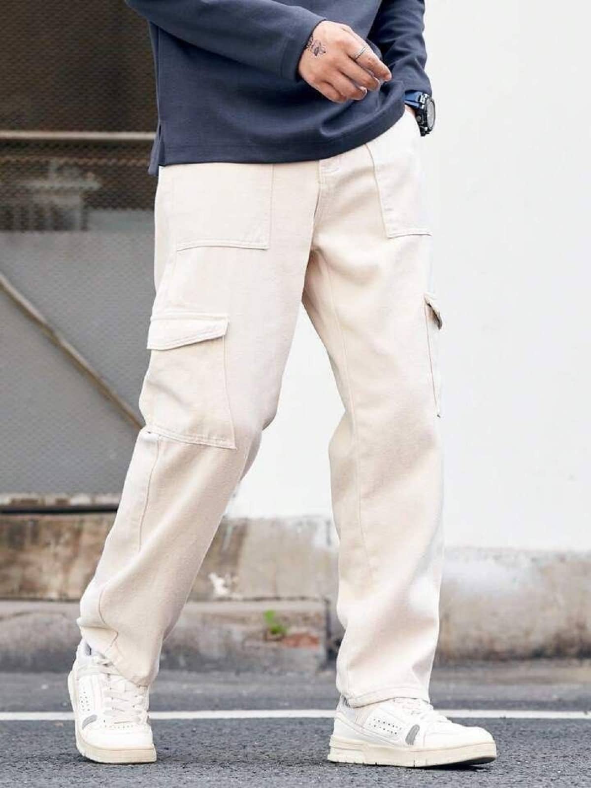 GF Solid Men's Cargo Mom Fit Mid Rise Jeans - Cream - Jeans | Buy online on ZillyBuy