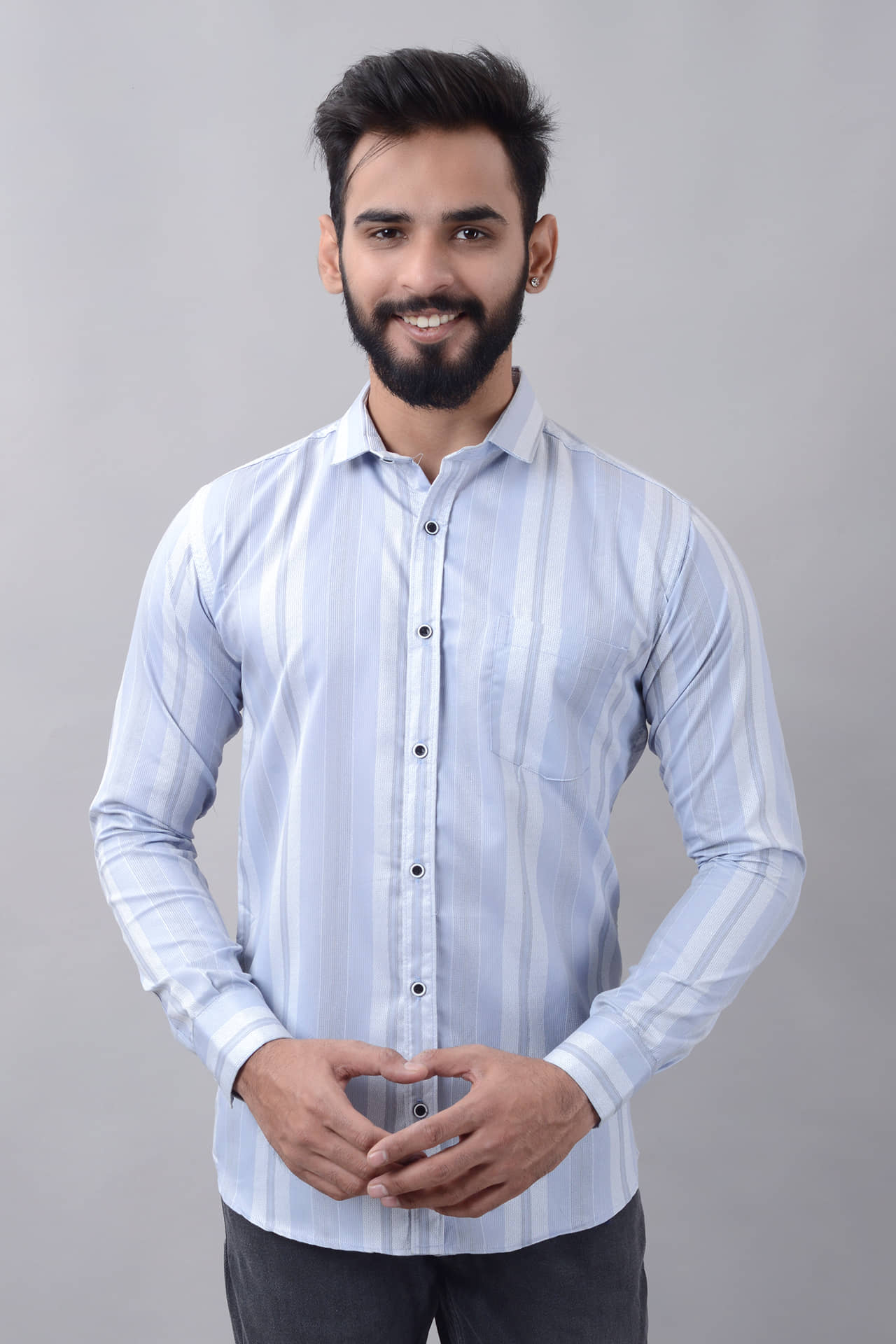 MOUDLIN Cotton Blend Slim Fit Striped Full Sleeves Men's Casual Shirt - Light Blue ( Pack of 1 )