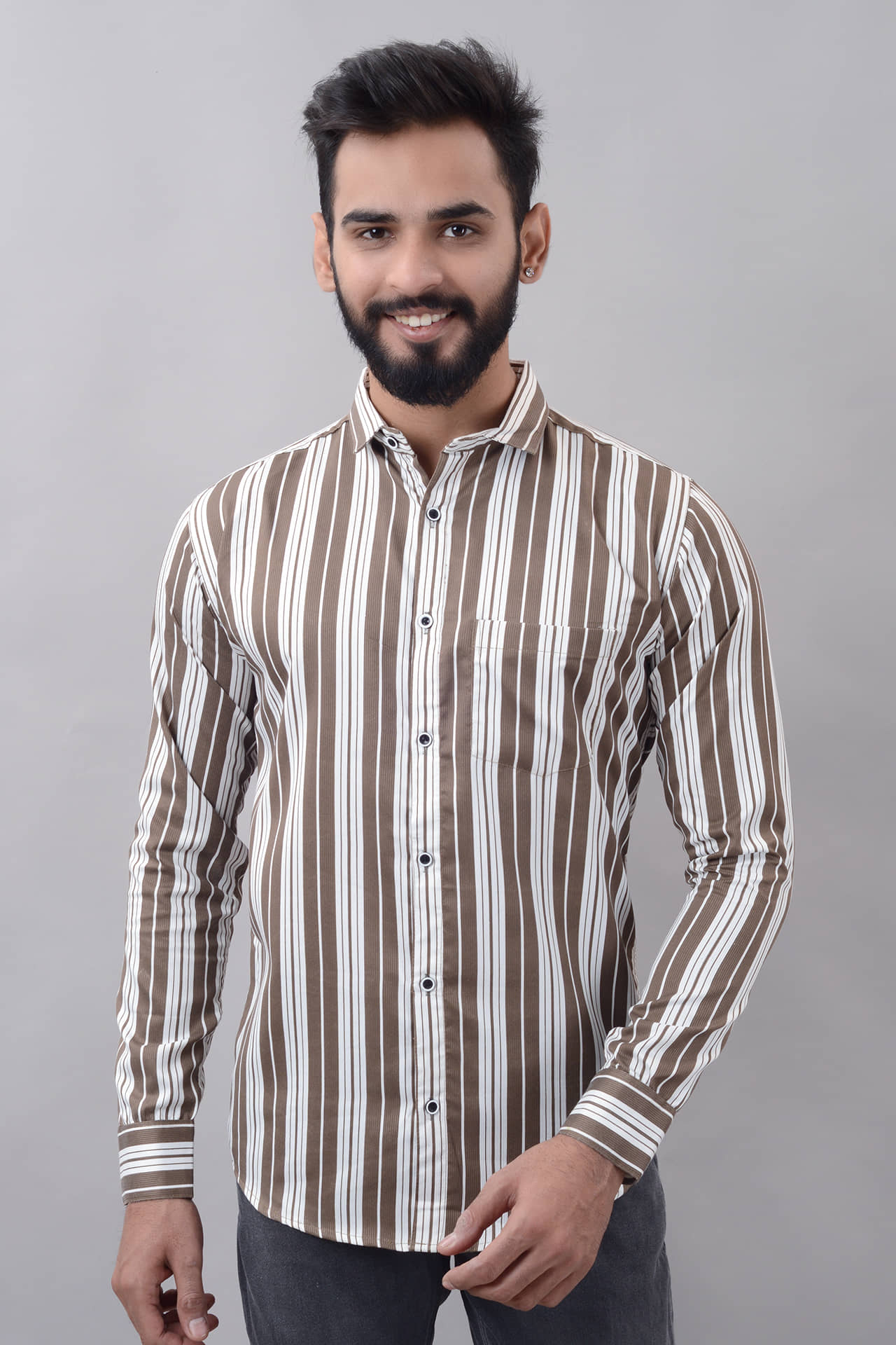 MOUDLIN Cotton Blend Slim Fit Striped Full Sleeves Men's Casual Shirt - Brown ( Pack of 1 )