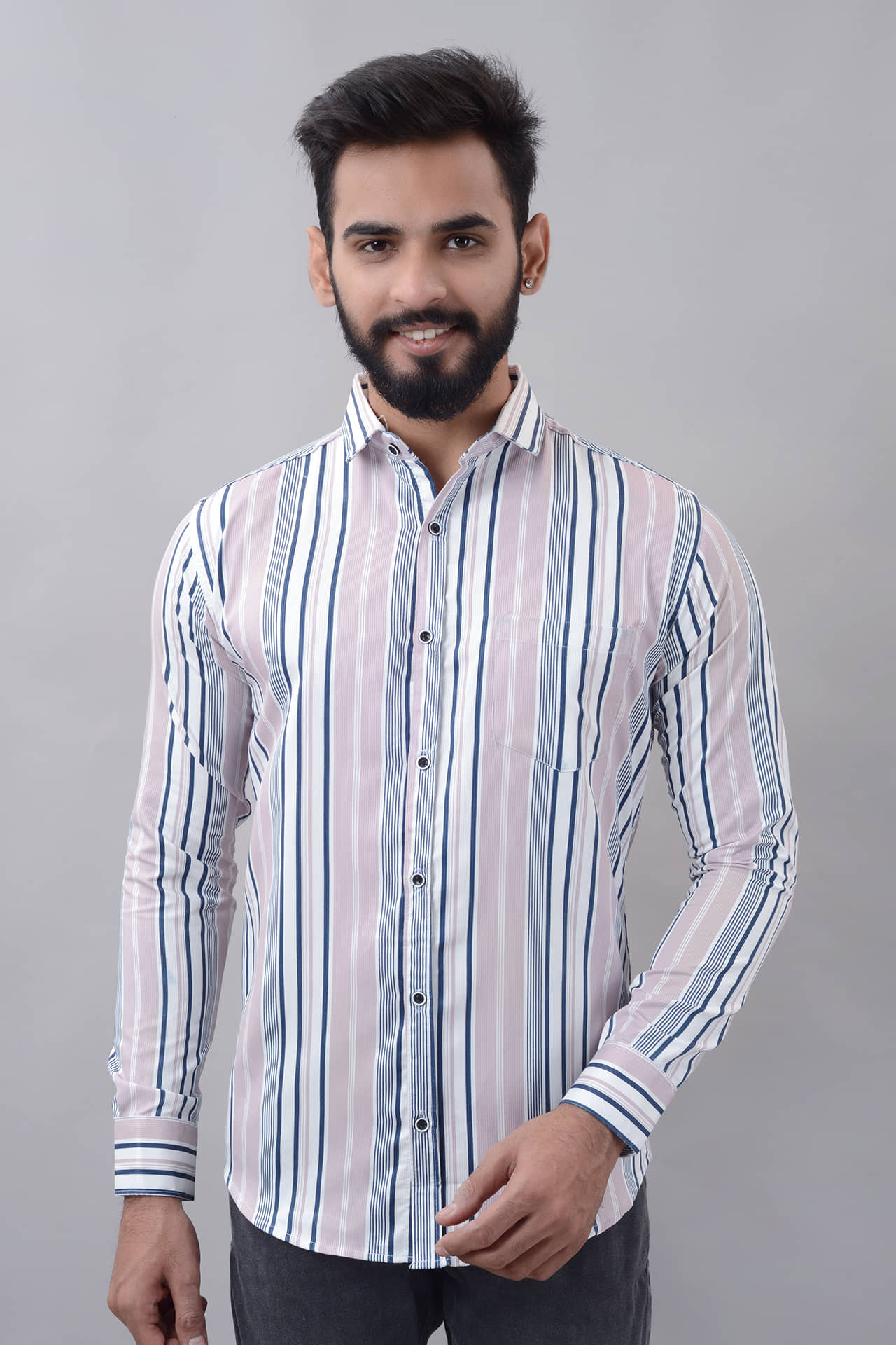 MOUDLIN Cotton Blend Slim Fit Striped Full Sleeves Men's Casual Shirt - Pink ( Pack of 1 )