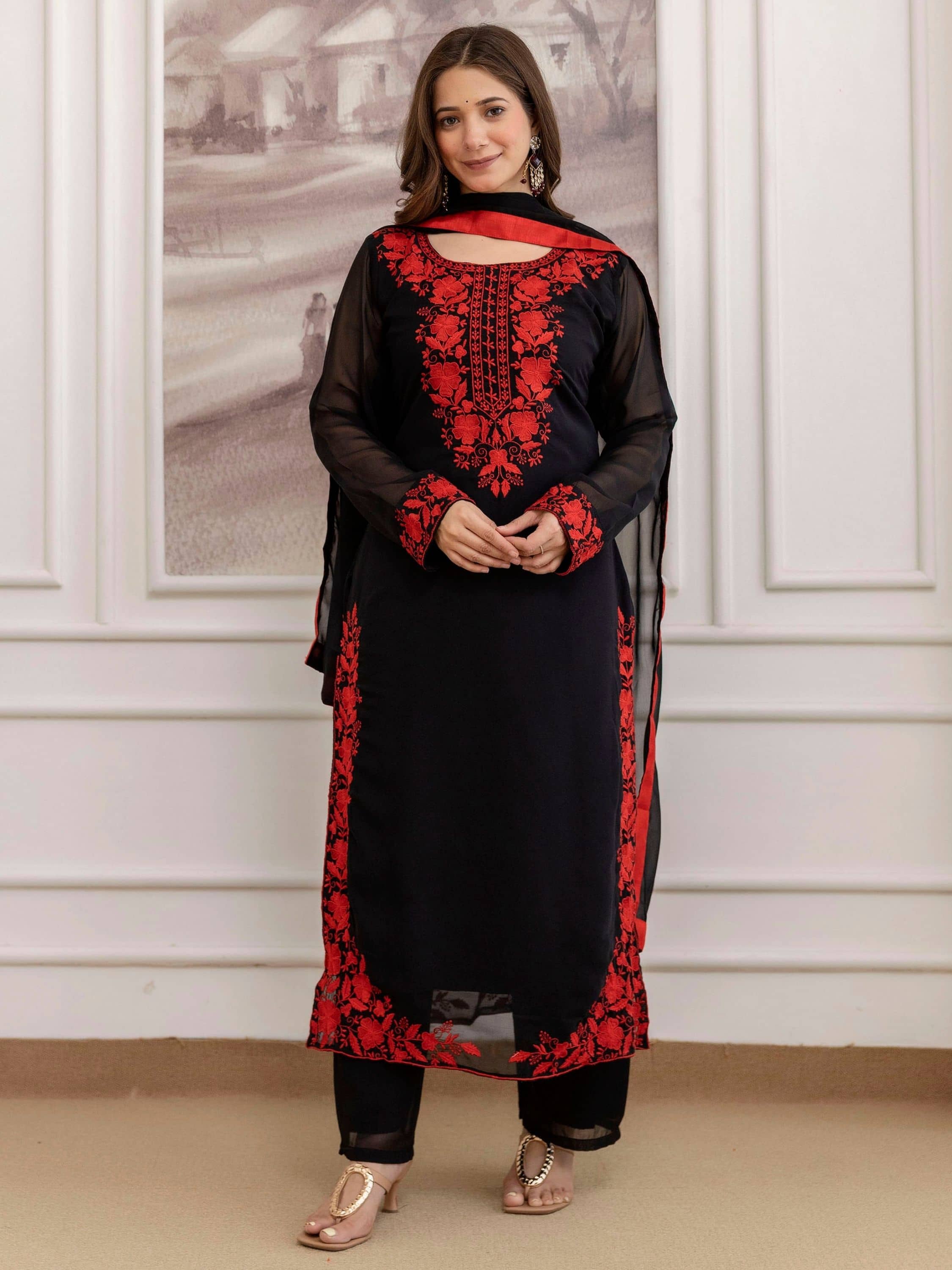 Niza Fashion Women Georgette Embroidered Straight Kurti With Pants ( Black )