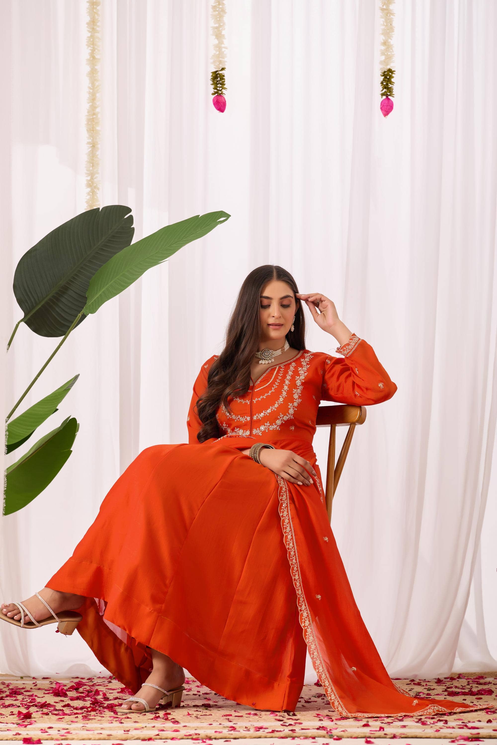 OMICRON FAB Women Cotton Silk Embroidered Anarkali Kurti With Pants ( Orange )