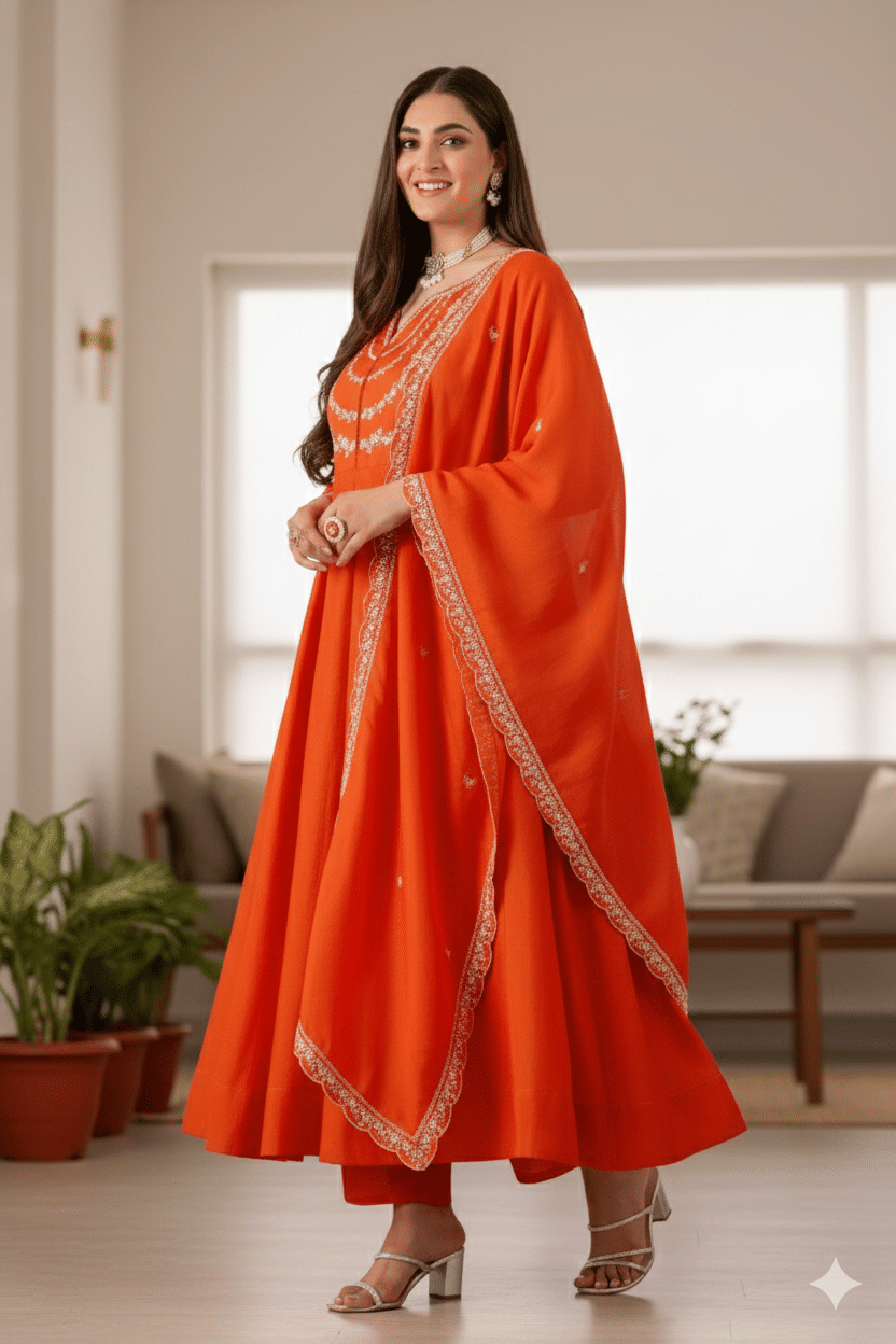 OMICRON FAB Women Cotton Silk Embroidered Anarkali Kurti With Pants ( Orange )