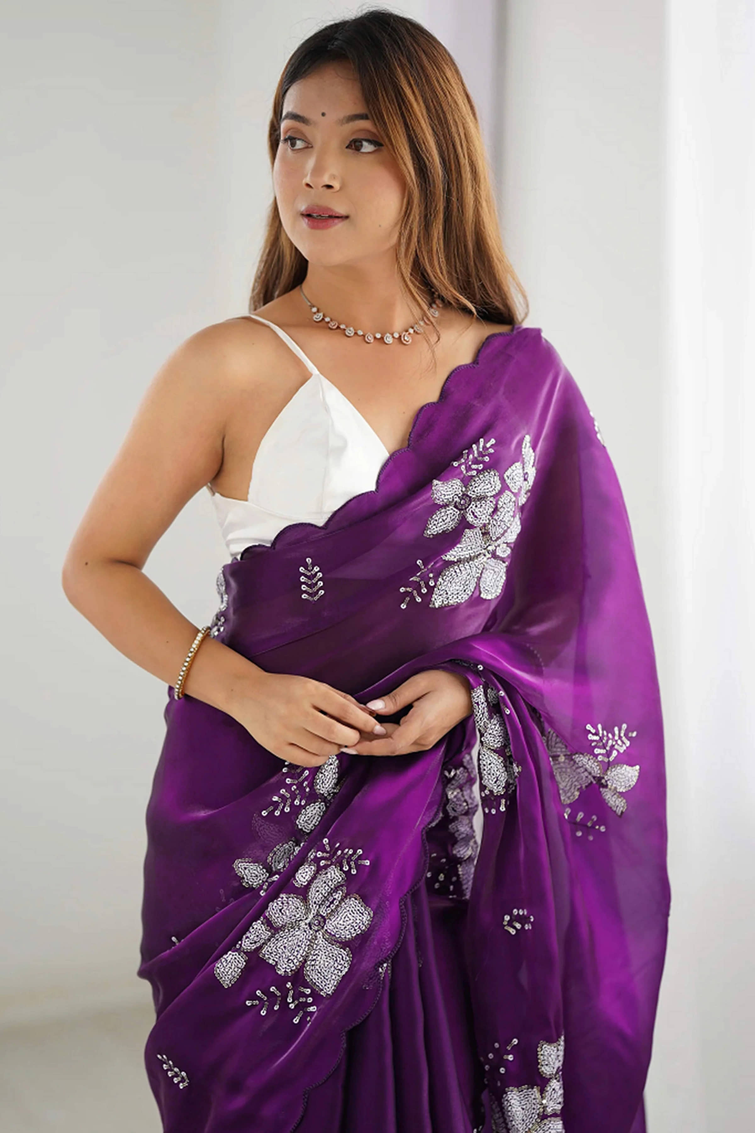 Indy Bliss Silk Embroidered Regular Saree With Unstitched Blouse Piece ( Purple ) - Sarees | Buy online on ZillyBuy