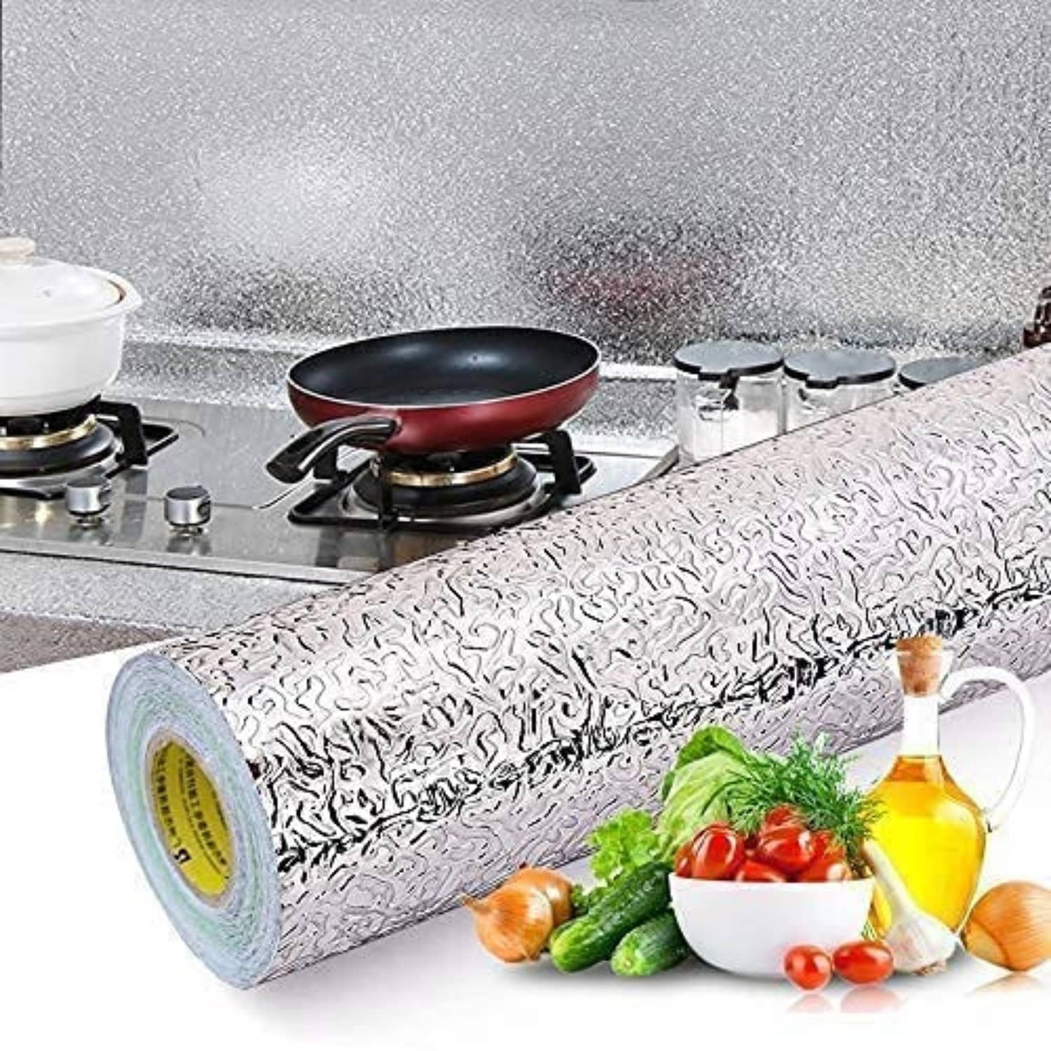 KRAMOX Silver Wallpaper Decorative Sticker | 60x200CM Karkari Silver Paper Sheet | Self Adhesive Peel & Stick Wall Covering for Kitchen, Living Room, Bedroom, Furniture, Cabinets, Interior Decor