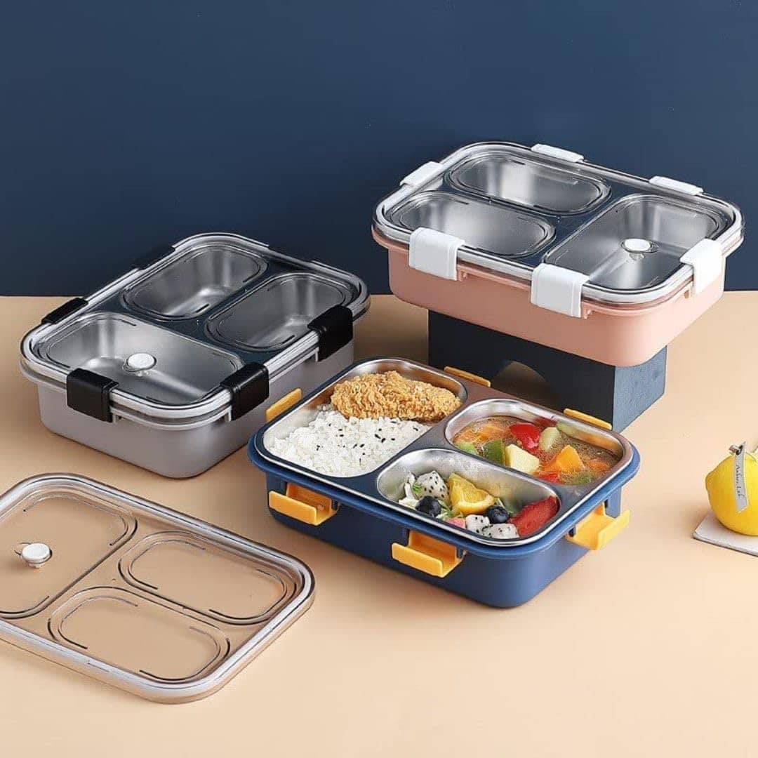 Saykhus 3 Compartment Steel Lunch Box Stainless Steel Lunch Box 1 - Container ( Pack of 1 )