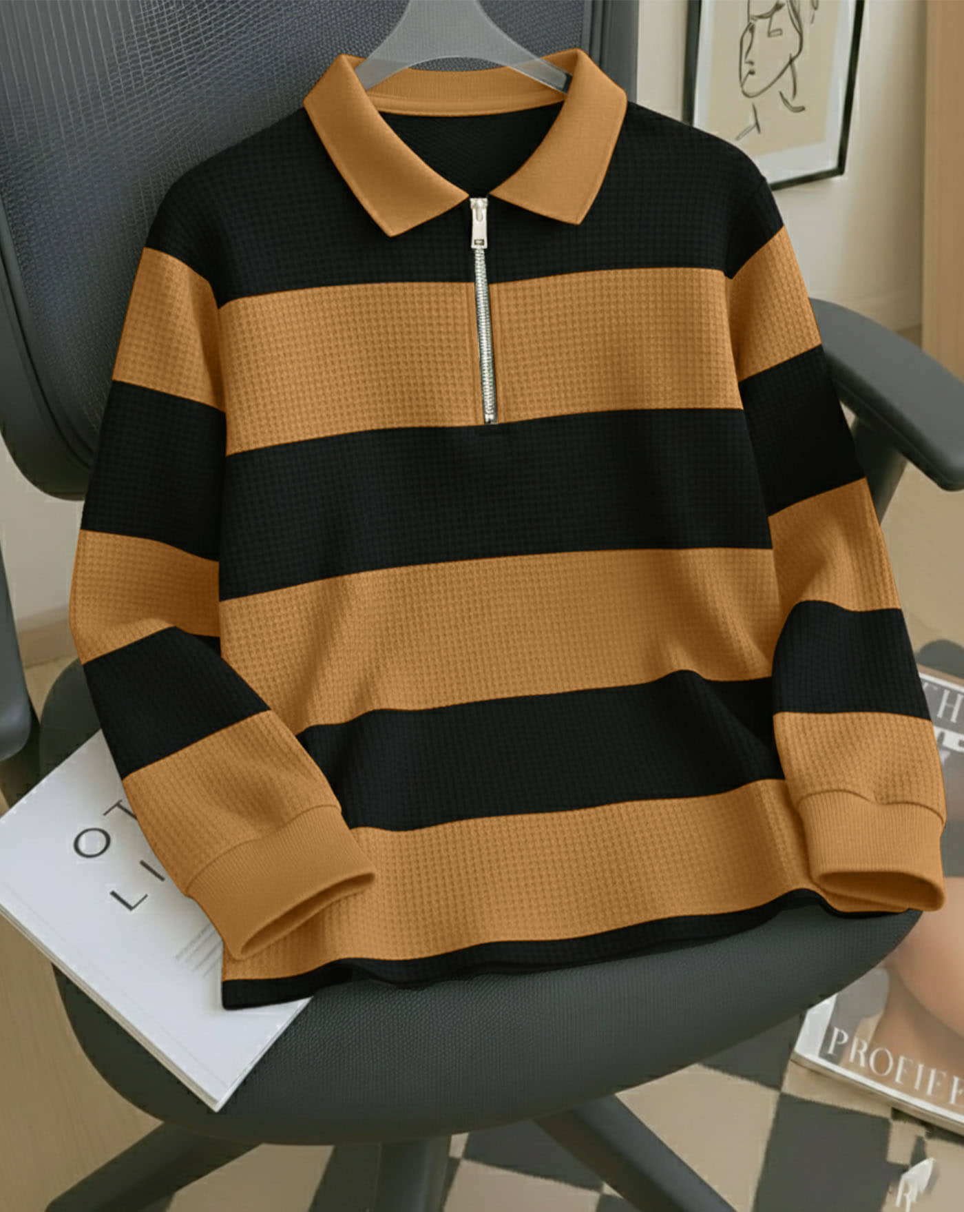 AUSK Men Cotton Blend Regular Fit Striped Polo T Shirt ( Beige )