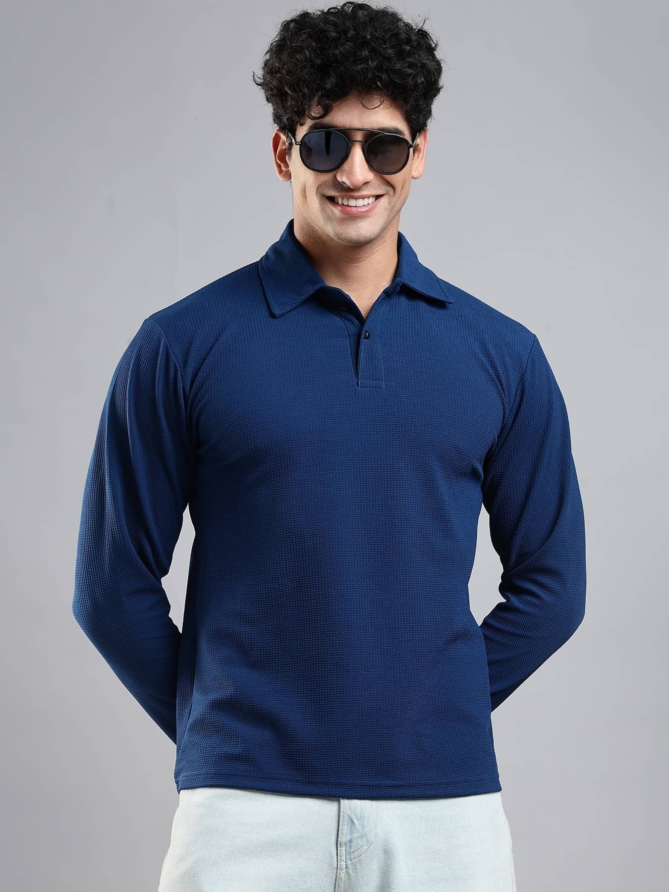 LEWEL Men Polyester Regular Fit Popcorn Textured Polo T Shirt ( Blue )