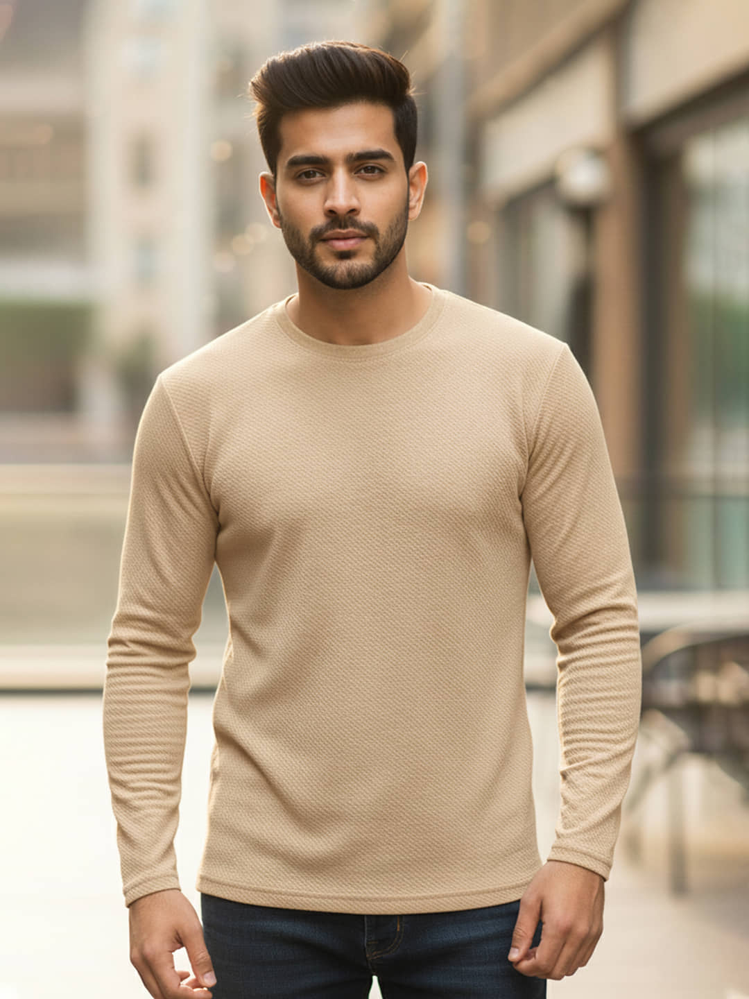 CUBIQ Men Cotton Blend Regular Fit Solid T-Shirt ( Beige )
